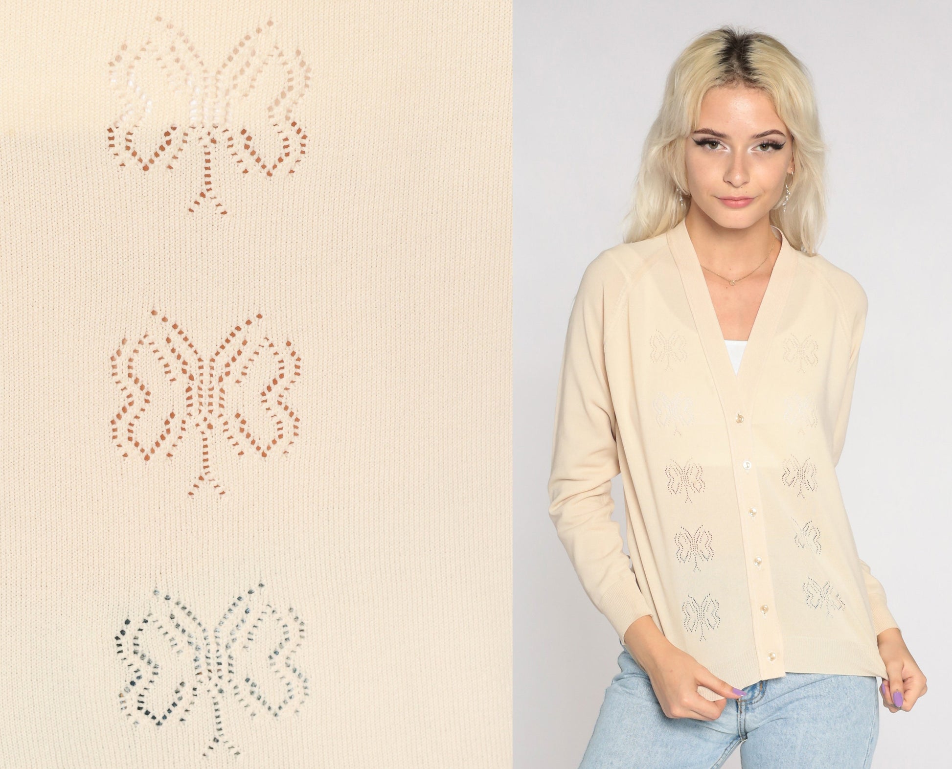70s Beige Cutout Butterfly Cardigan Button-Up V-Neck Sweater Small