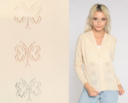 70s Beige Cutout Butterfly Cardigan Button-Up V-Neck Sweater Small