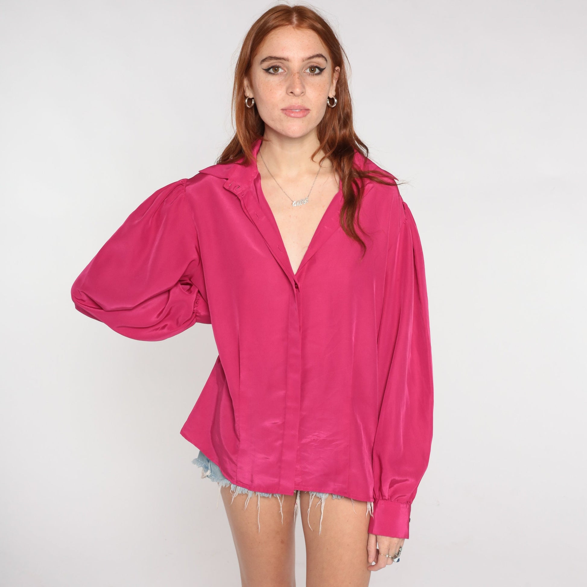 80s Fuchsia Puff Sleeve Blouse Hidden Button Up Shirt Large L