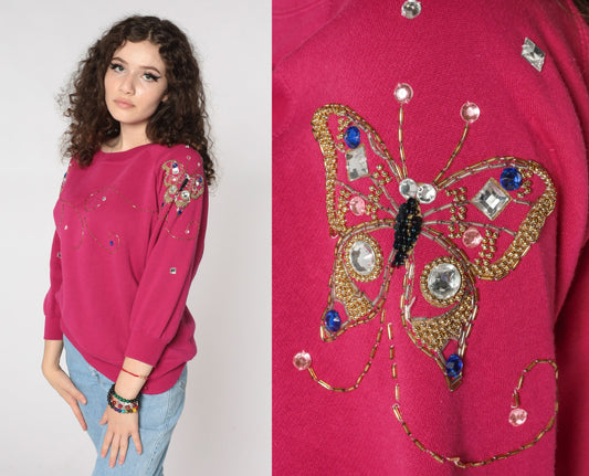90s Beaded Butterfly Sweatshirt Fuchsia Pink Raglan Gem Embellished Small