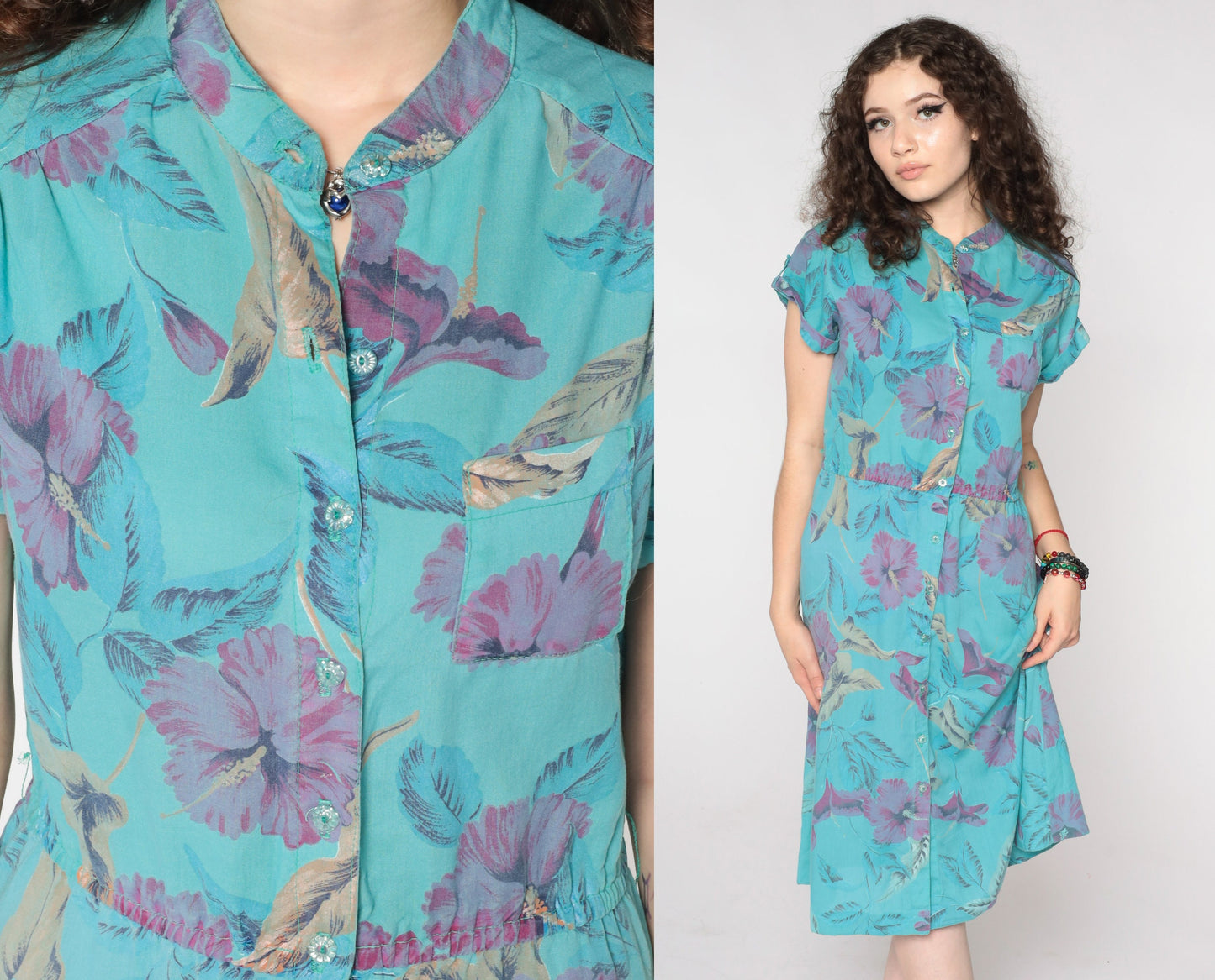 80s Floral Midi Shirtdress Blue Flower Print Button-Up High Waist Medium