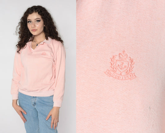 80s Anchor Crest Polo Sweatshirt Baby Pink Nautical Button Neck Small