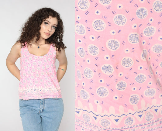 90s Pink Geometric Swirl Tank Top Scoop Neck Graphic Sleeveless Small