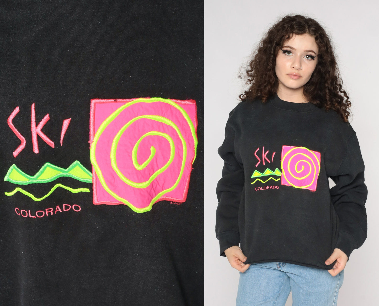 90s Ski Colorado Neon Graphic Sweatshirt Black Crewneck Medium