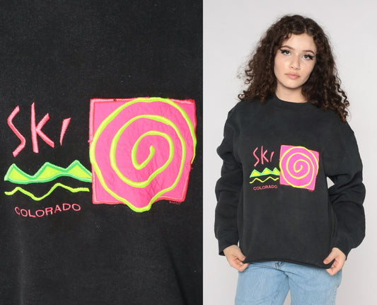 90s Ski Colorado Neon Graphic Sweatshirt Black Crewneck Medium