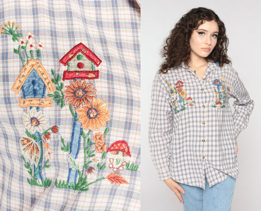 90s Plaid Floral Mushroom Embroidered Button Up Blouse Denim Collar Medium