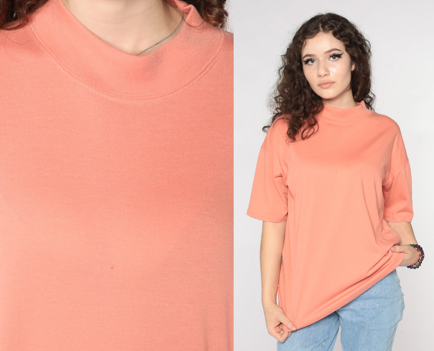 90s Orange Mock Neck T-Shirt Plain Tee Cotton Blend Large L