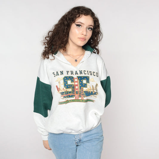 90s San Francisco Golden Gate Bridge Quarter Zip Sweatshirt Grey Large L
