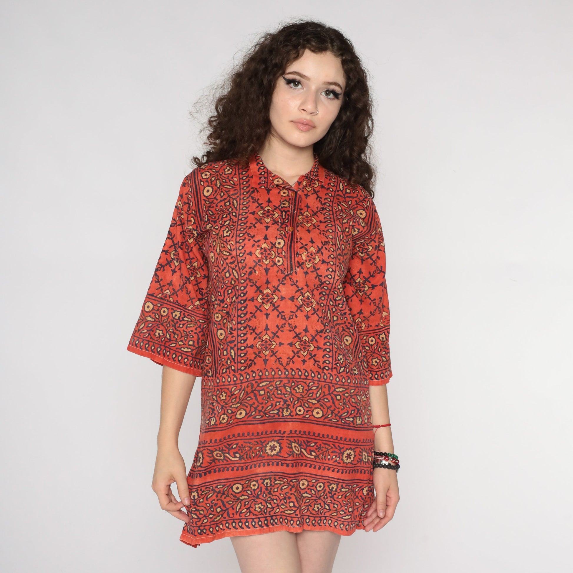 80s Floral Orange Blue Gold Tunic Dress Sheer Button Up Small