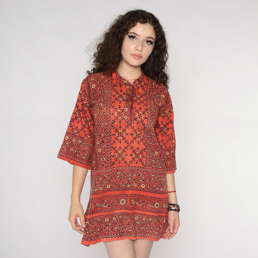 80s Floral Orange Blue Gold Tunic Dress Sheer Button Up Small