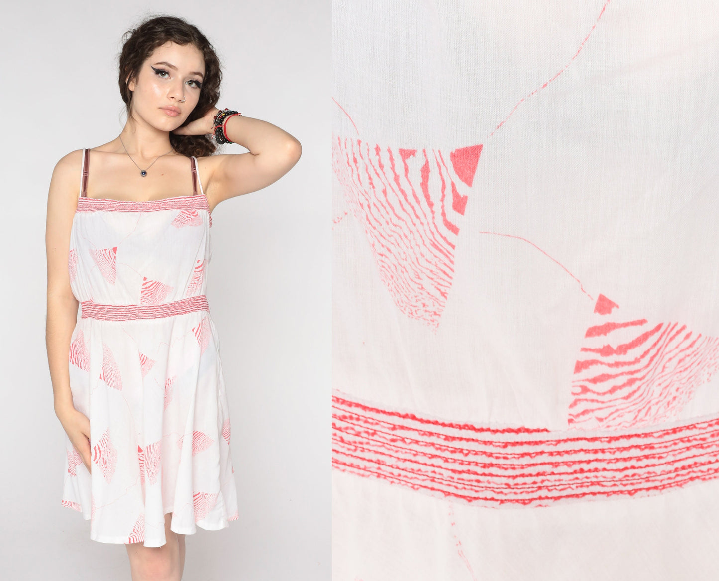 80s White Geometric Mini Sundress Red Print Spaghetti Strap Medium