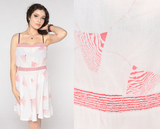 80s White Geometric Mini Sundress Red Print Spaghetti Strap Medium
