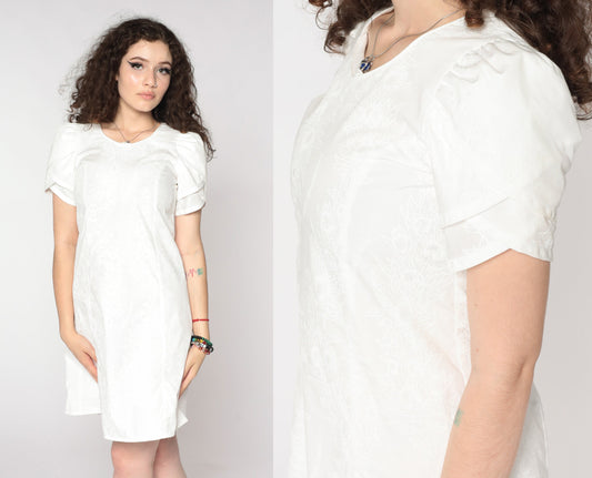 80s Hawaiian Kamehameha Schools Mini Dress White Floral Puff Sleeve Extra Small