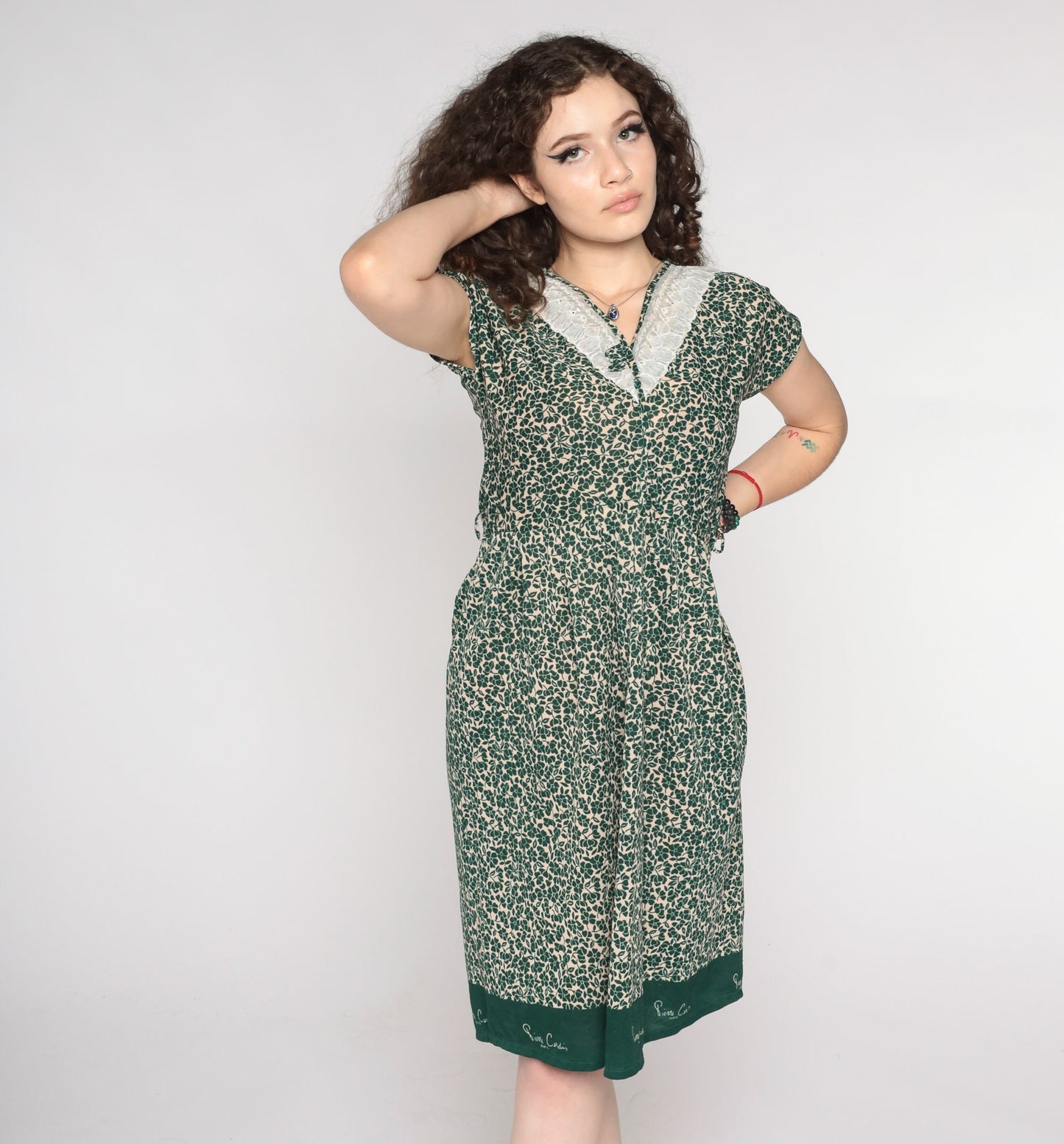 80s Pierre Cardin Green Floral Midi Dress V-Neck Lace Yoke Small