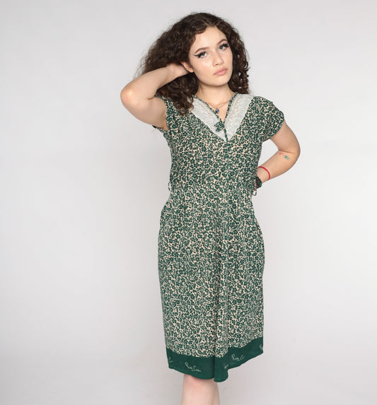 80s Pierre Cardin Green Floral Midi Dress V-Neck Lace Yoke Small