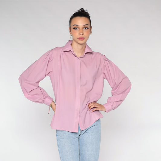 Y2K Pink Blouse Hidden Button Balloon Sleeve Collared Shirt Large L
