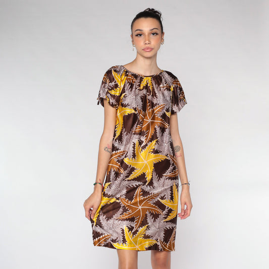 70s Leaf Print Mini Dress Brown Tent Cut Short Sleeve Small