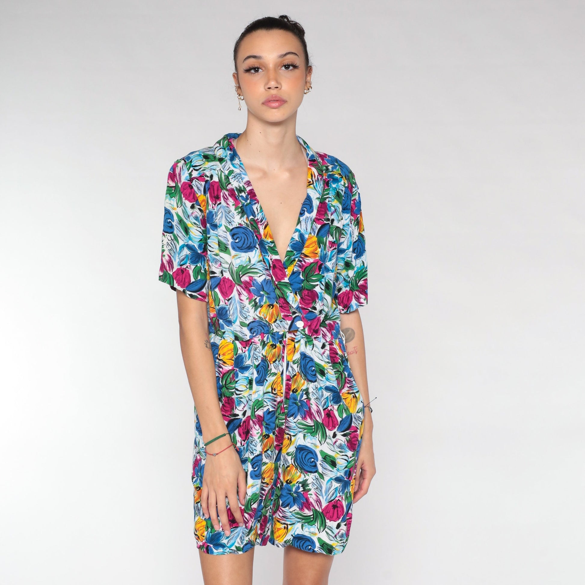 90s Blue Floral Rayon Romper Mini Playsuit V Neck Button Up Medium M