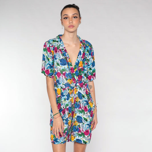 90s Blue Floral Rayon Romper Mini Playsuit V Neck Button Up Medium M