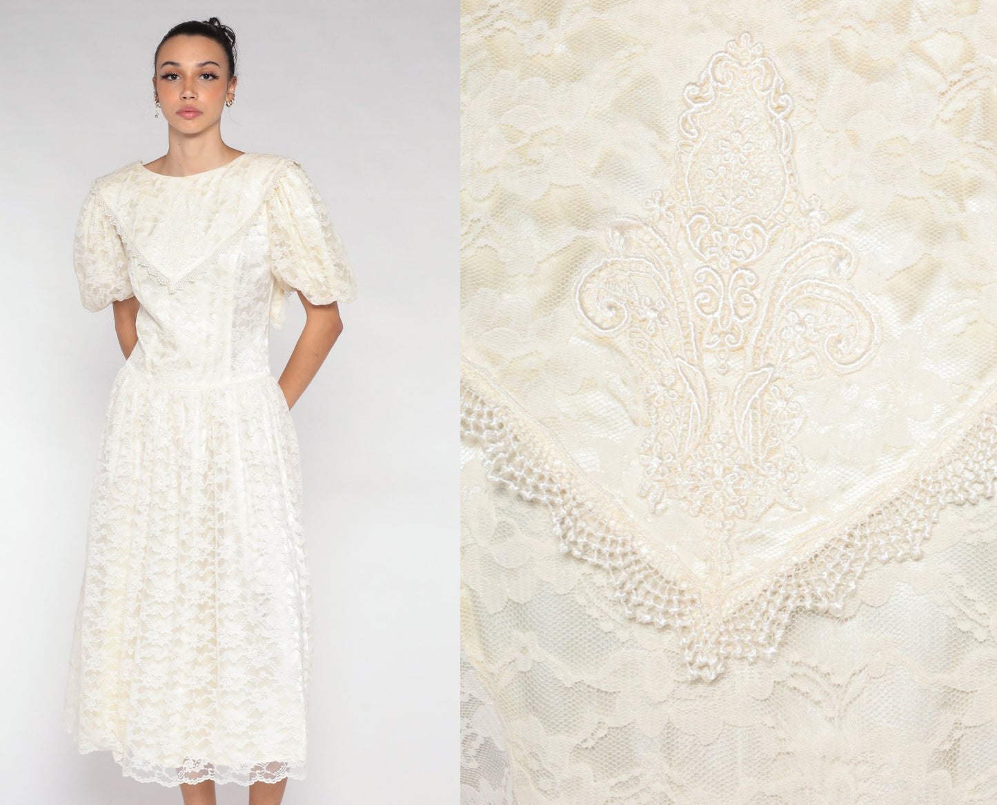 80s Off-White Lace Midi Dress Puff Sleeve Low Back Floral Embroidered Medium