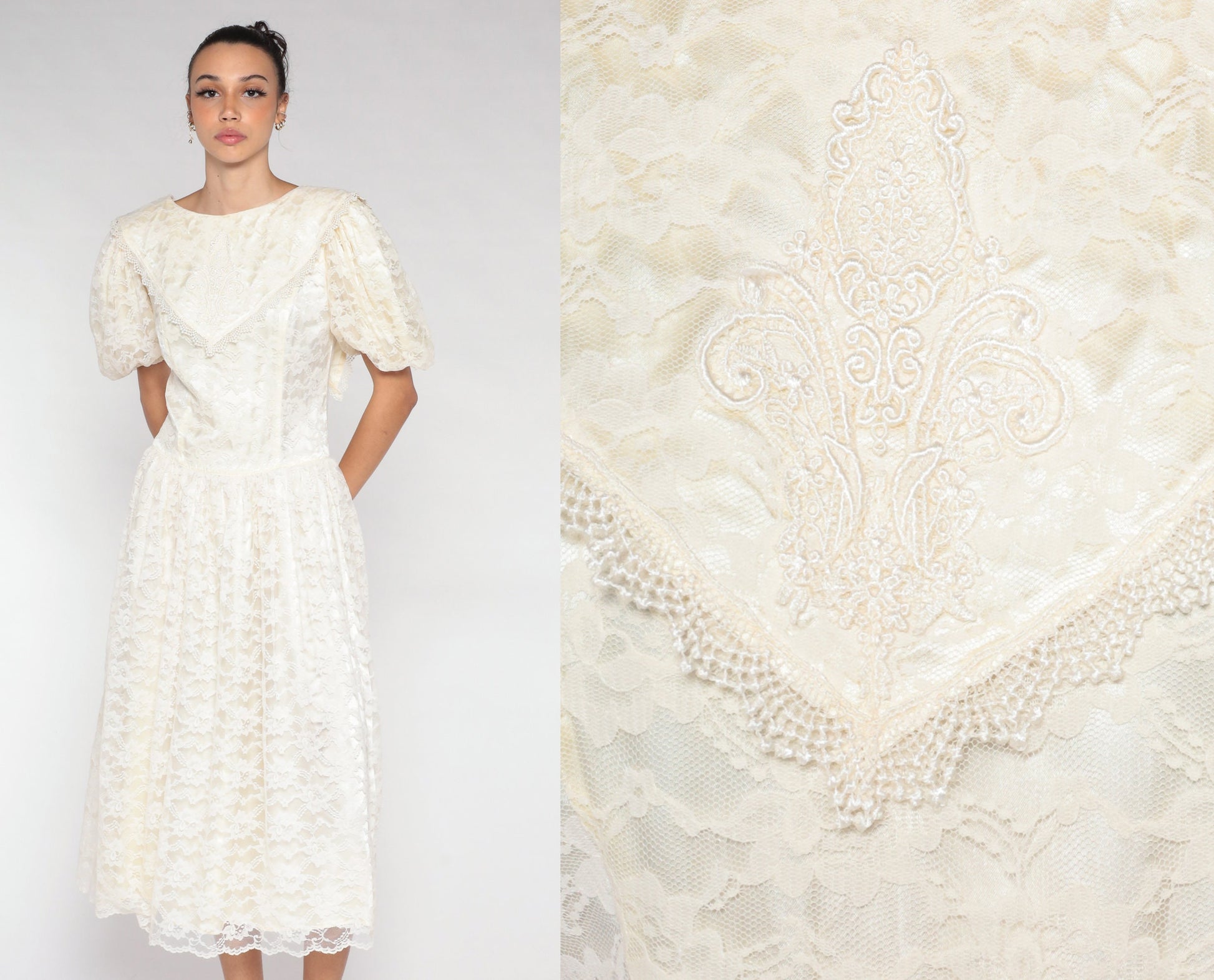 80s Off-White Lace Midi Dress Puff Sleeve Low Back Floral Embroidered Medium