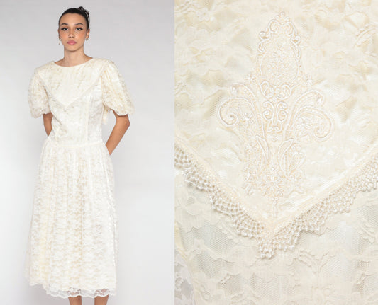 80s Off-White Lace Midi Dress Puff Sleeve Low Back Floral Embroidered Medium