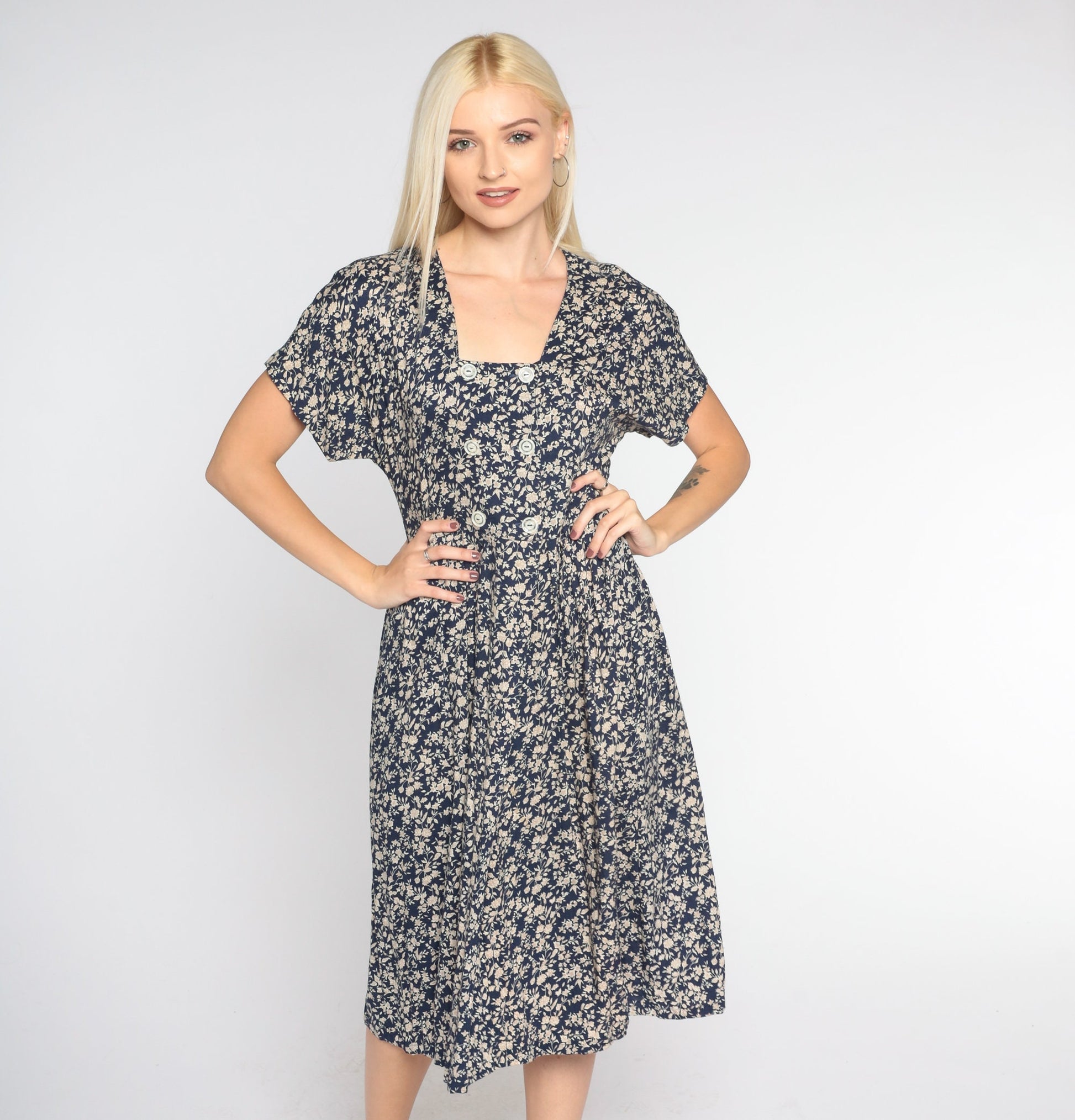 90s All That Jazz Navy Floral Midi Dress Double Breasted High Waist Small
