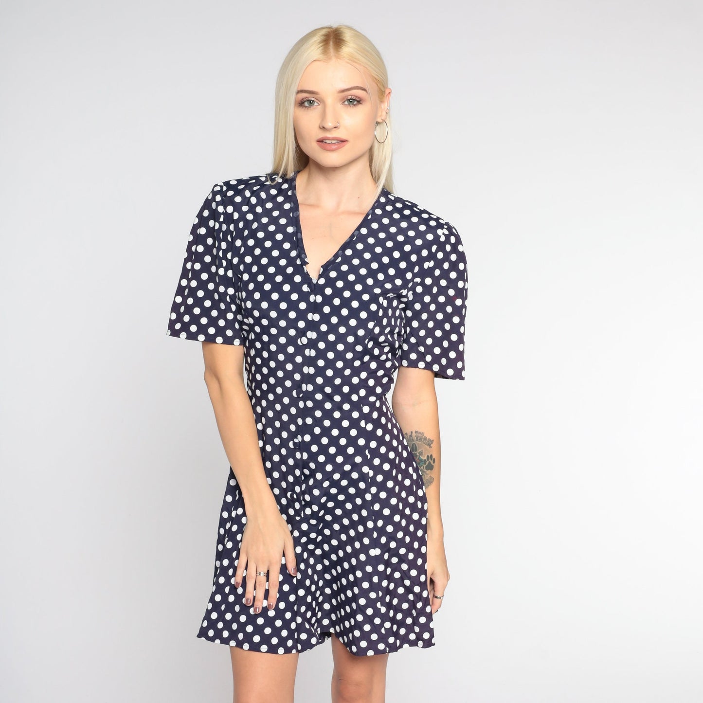 90s Navy Polka Dot Romper White Print Button-Up Short Sleeve Wide Leg Medium M