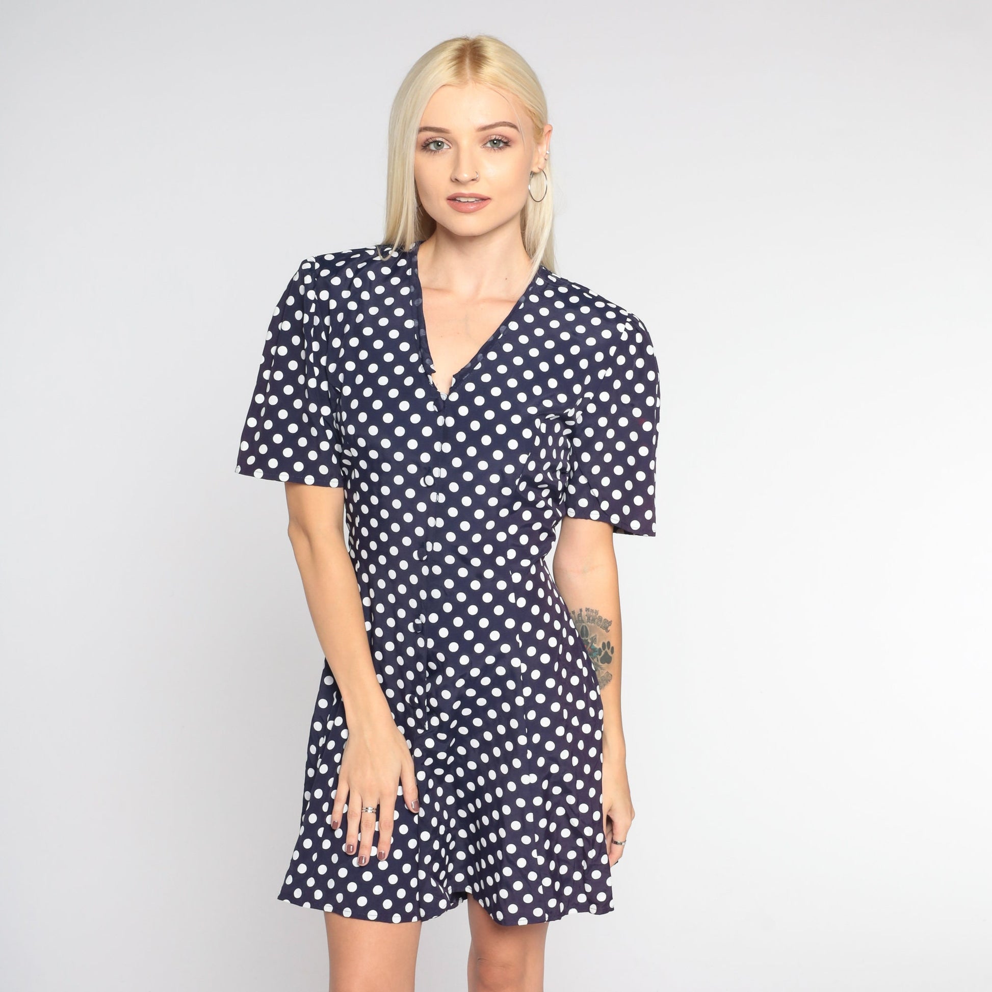 90s Navy Polka Dot Romper White Print Button-Up Short Sleeve Wide Leg Medium M