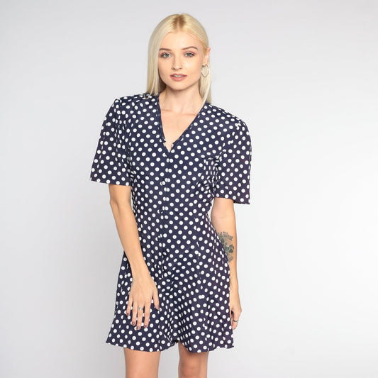 90s Navy Polka Dot Romper White Print Button-Up Short Sleeve Wide Leg Medium M