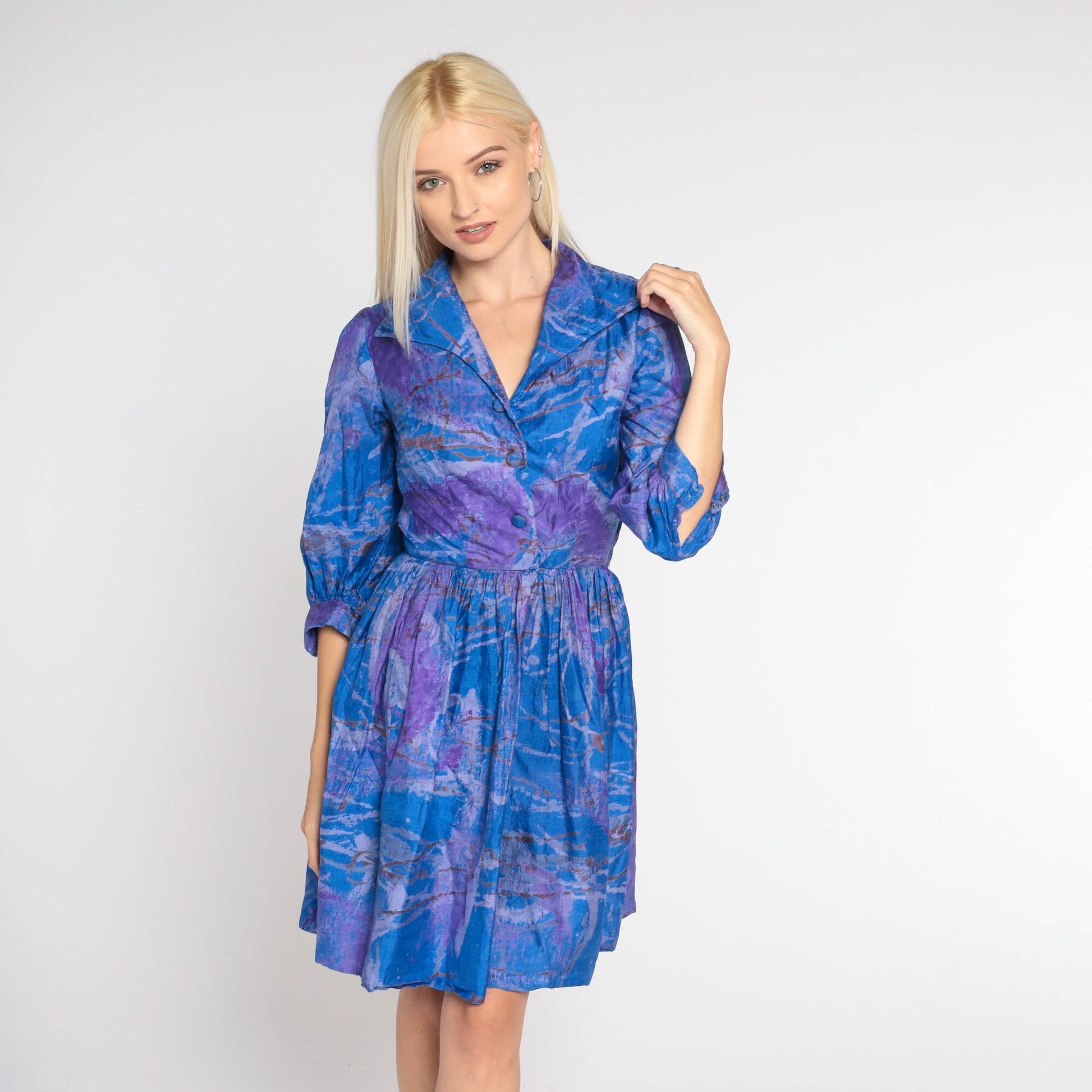 60s Blue Purple Silk Marble Mini Dress Collared Button-Up Shirtwaist Extra Small