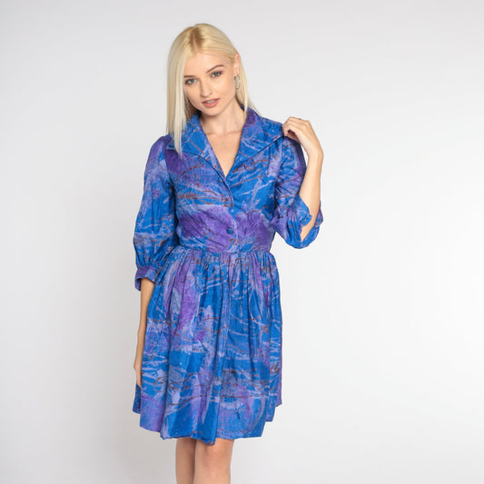 60s Blue Purple Silk Marble Mini Dress Collared Button-Up Shirtwaist Extra Small