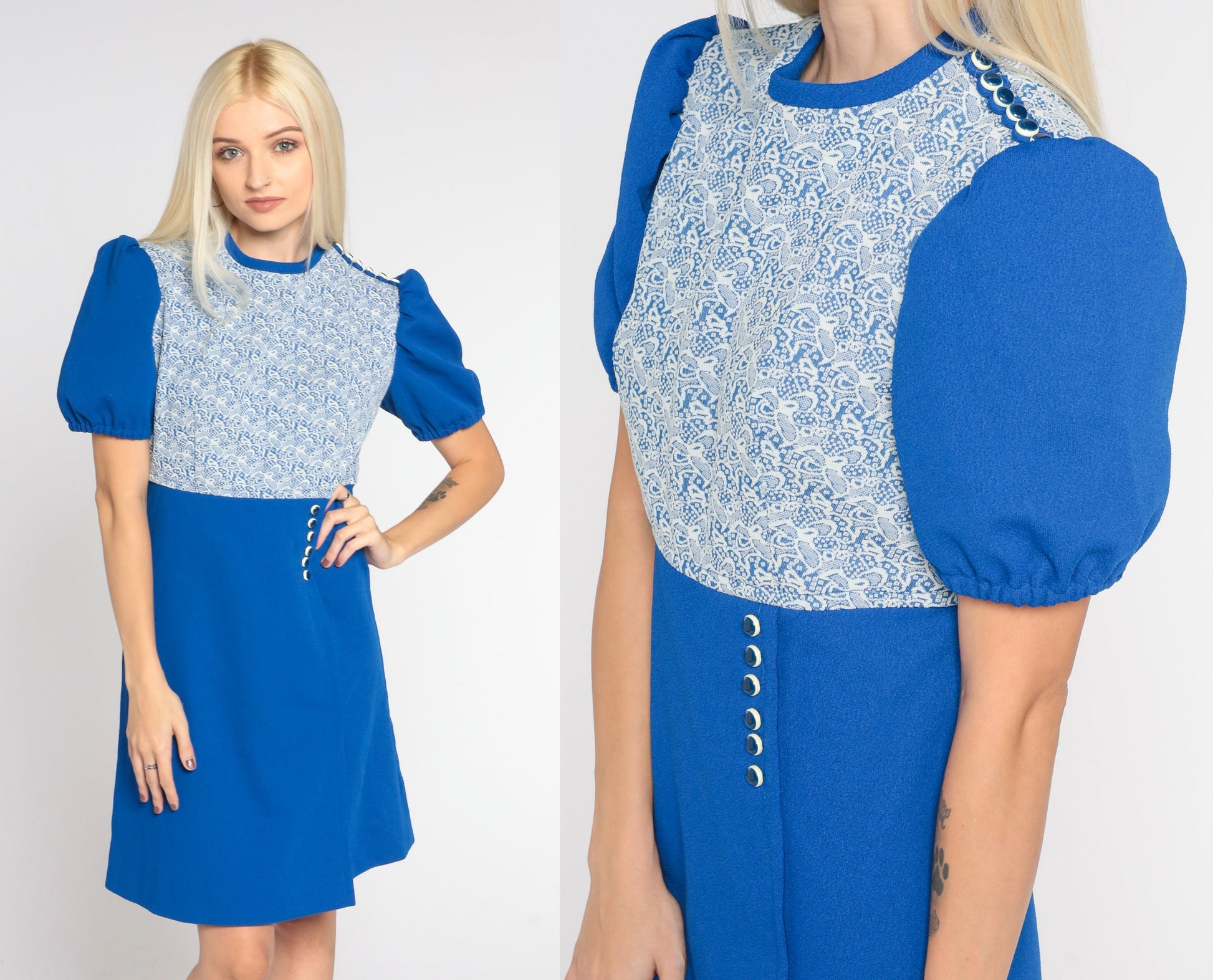 70s Blue Babydoll Dress Puff Sleeve Mini Lace Overlay High Waist Small