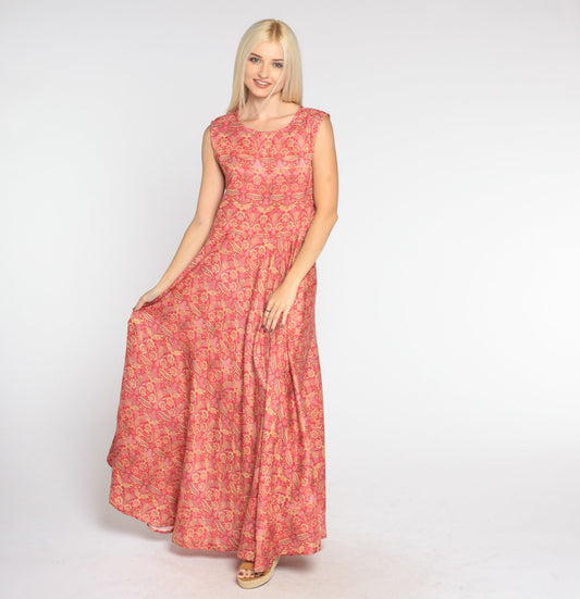 00s Red Gold Floral Maxi Dress Sleeveless High Waist Flared Skirt Medium