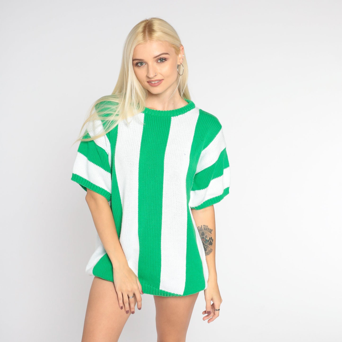 90s Liz Claiborne Striped Knit Sweater Top White Green Short Sleeve Small