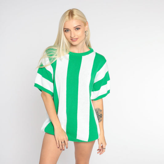 90s Liz Claiborne Striped Knit Sweater Top White Green Short Sleeve Small