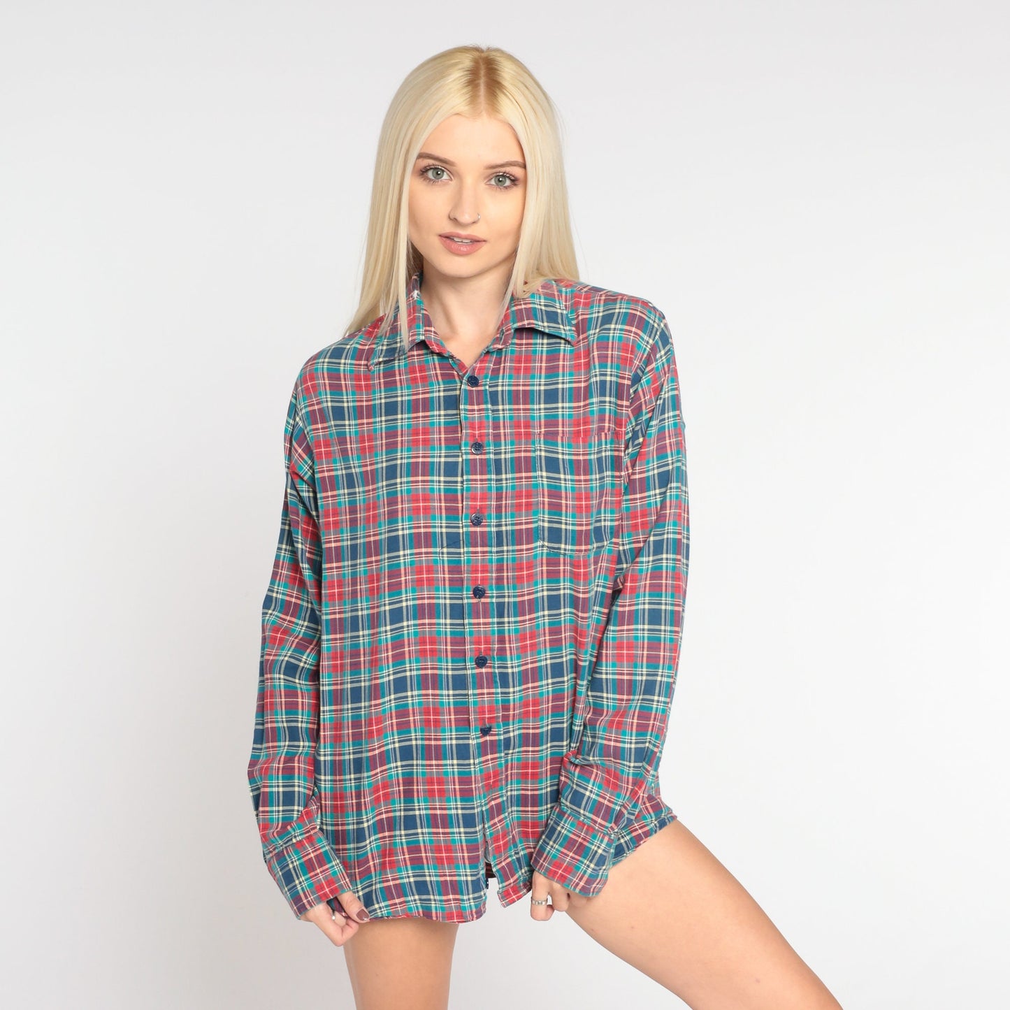 80s Blue Red Plaid Cotton Button-Up Shirt Long Sleeve Collared Small