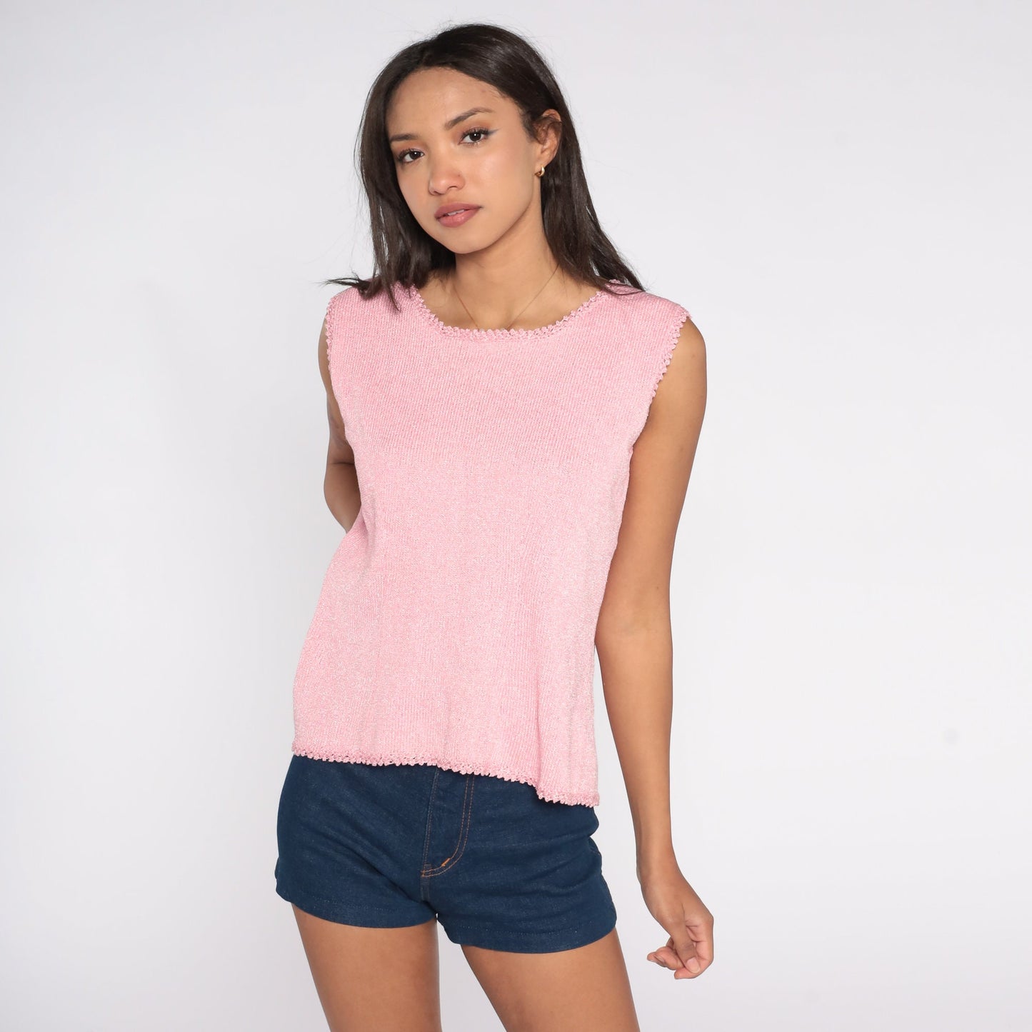 60s Pink Knit Tank Top Scalloped Trim Rear Zipper Large L