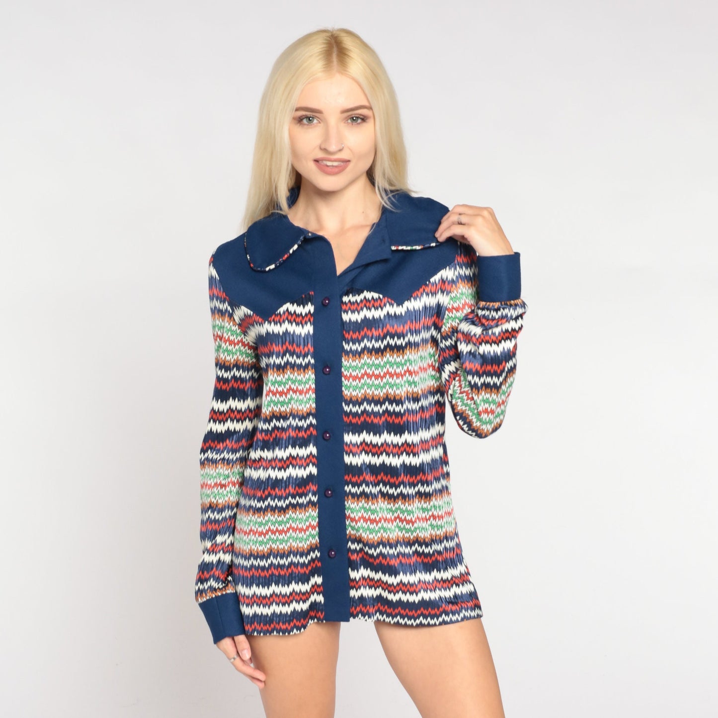 70s Navy Zig Zag Striped Button Up Blouse Peter Pan Collar Long Sleeve Small