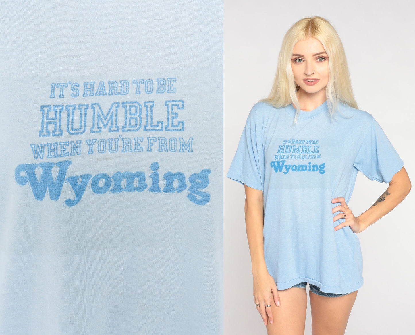 80s Wyoming Graphic T-Shirt Baby Blue Single Stitch Tee Large L