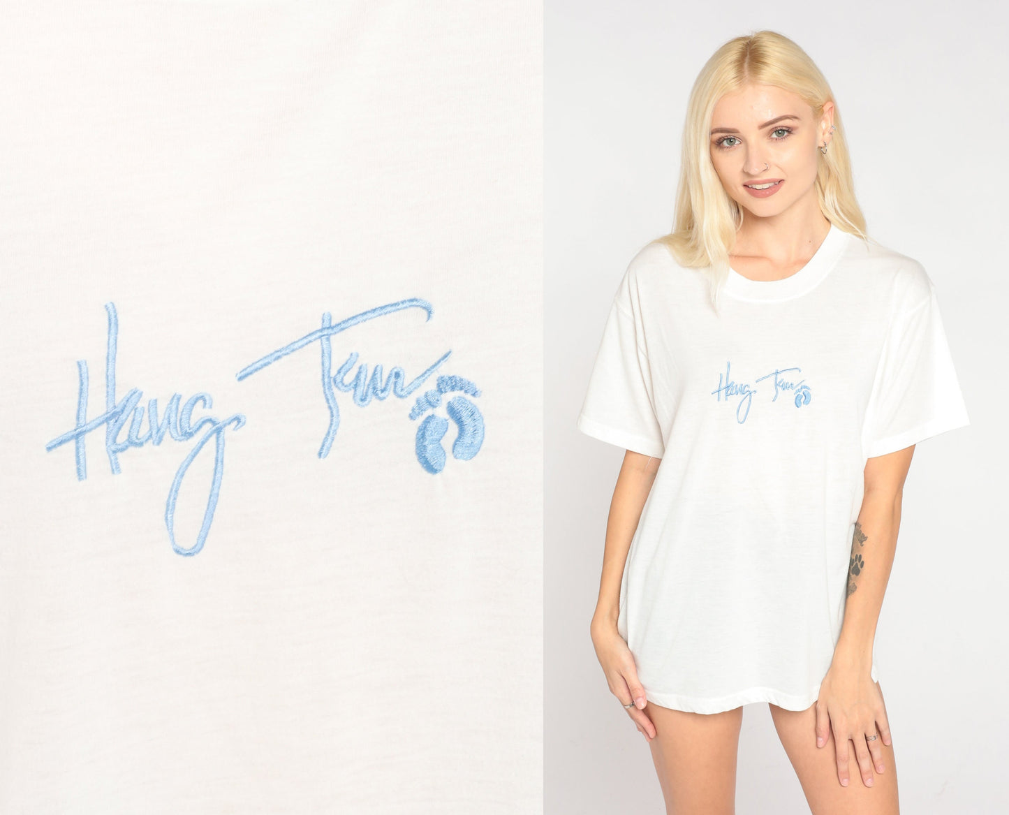90s Hang Ten Embroidered Logo T-Shirt White Baby Blue Single Stitch Medium Large