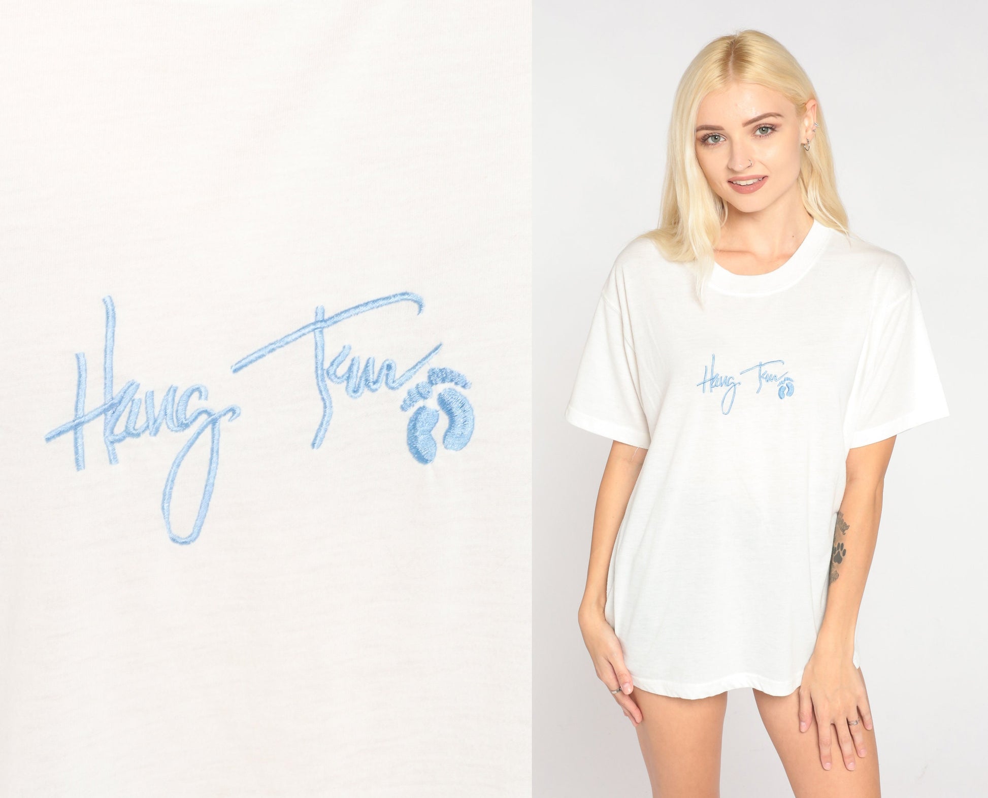 90s Hang Ten Embroidered Logo T-Shirt White Baby Blue Single Stitch Medium Large