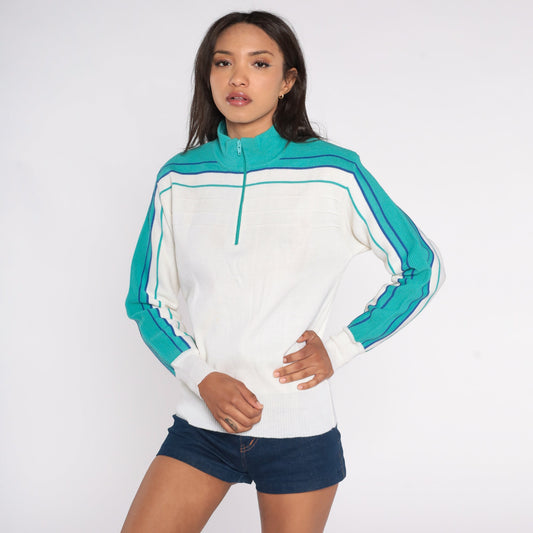 80s Meister Quarter Zip Sweater White Wool Blend Striped Knit Small S