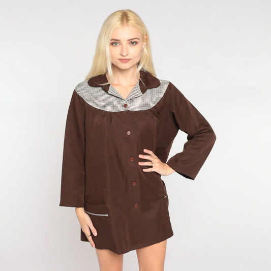 70s Brown Checkered Yoke Button-Up Tunic Blouse Long Sleeve Medium M