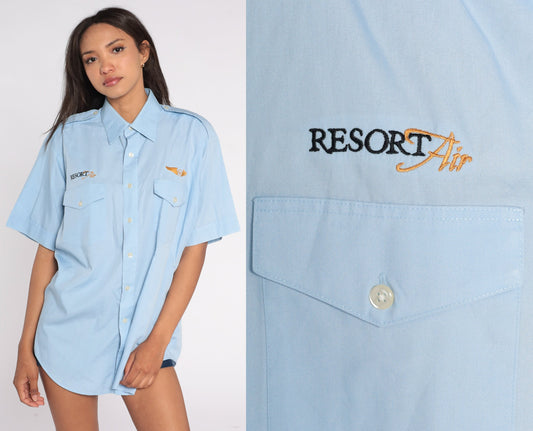 80s Van Heusen Resort Air Pilot Shirt Baby Blue Button Up Large
