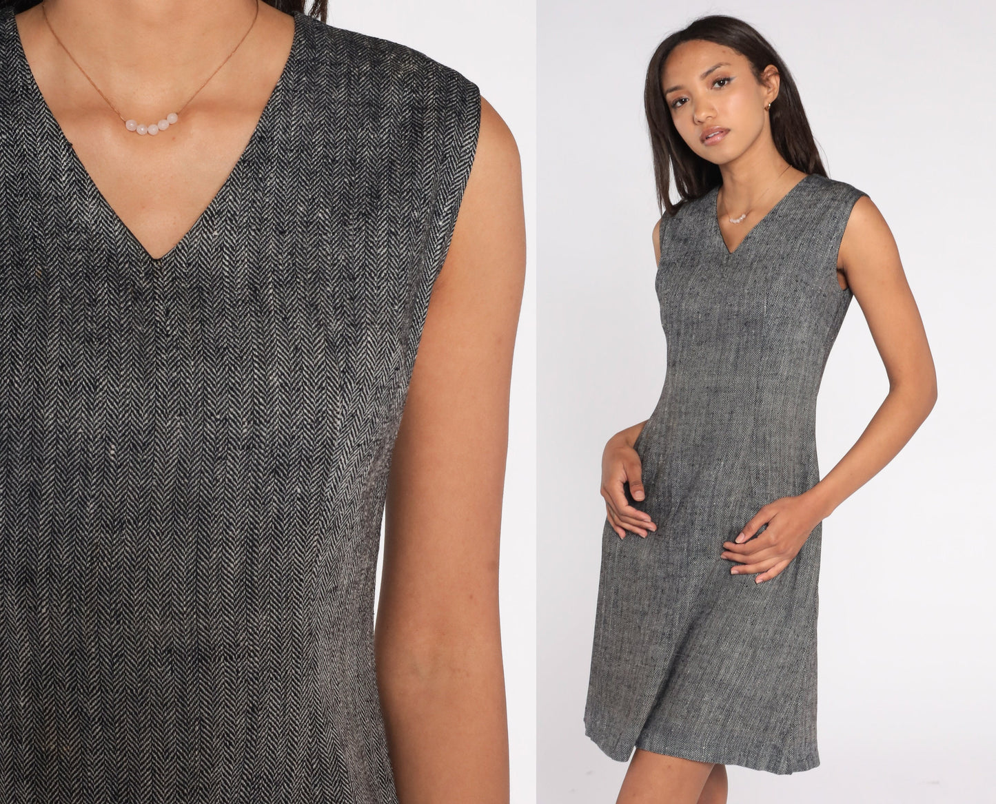 60s Grey Twill Shift Dress V Neck Sleeveless Mini Small S
