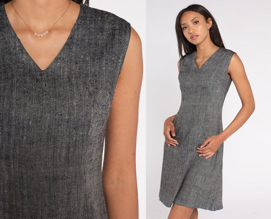 60s Grey Twill Shift Dress V Neck Sleeveless Mini Small S