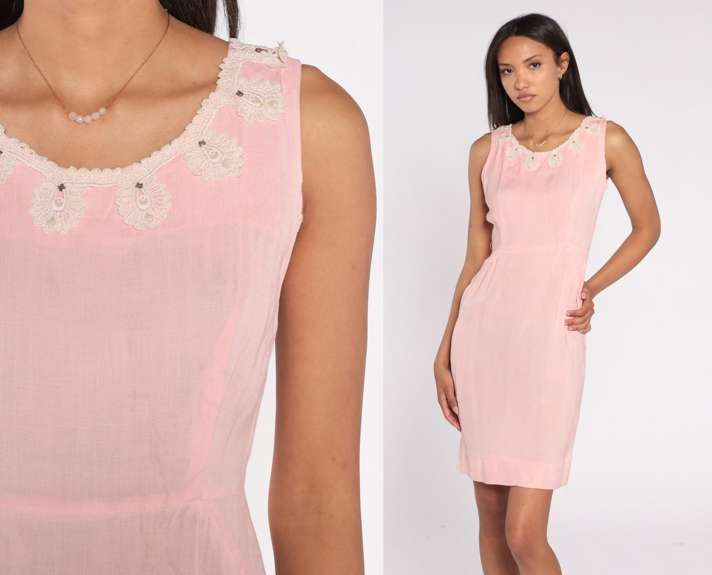 60s Pink Beaded Lace Trim Sheath Mini Dress Sleeveless Extra Small XS