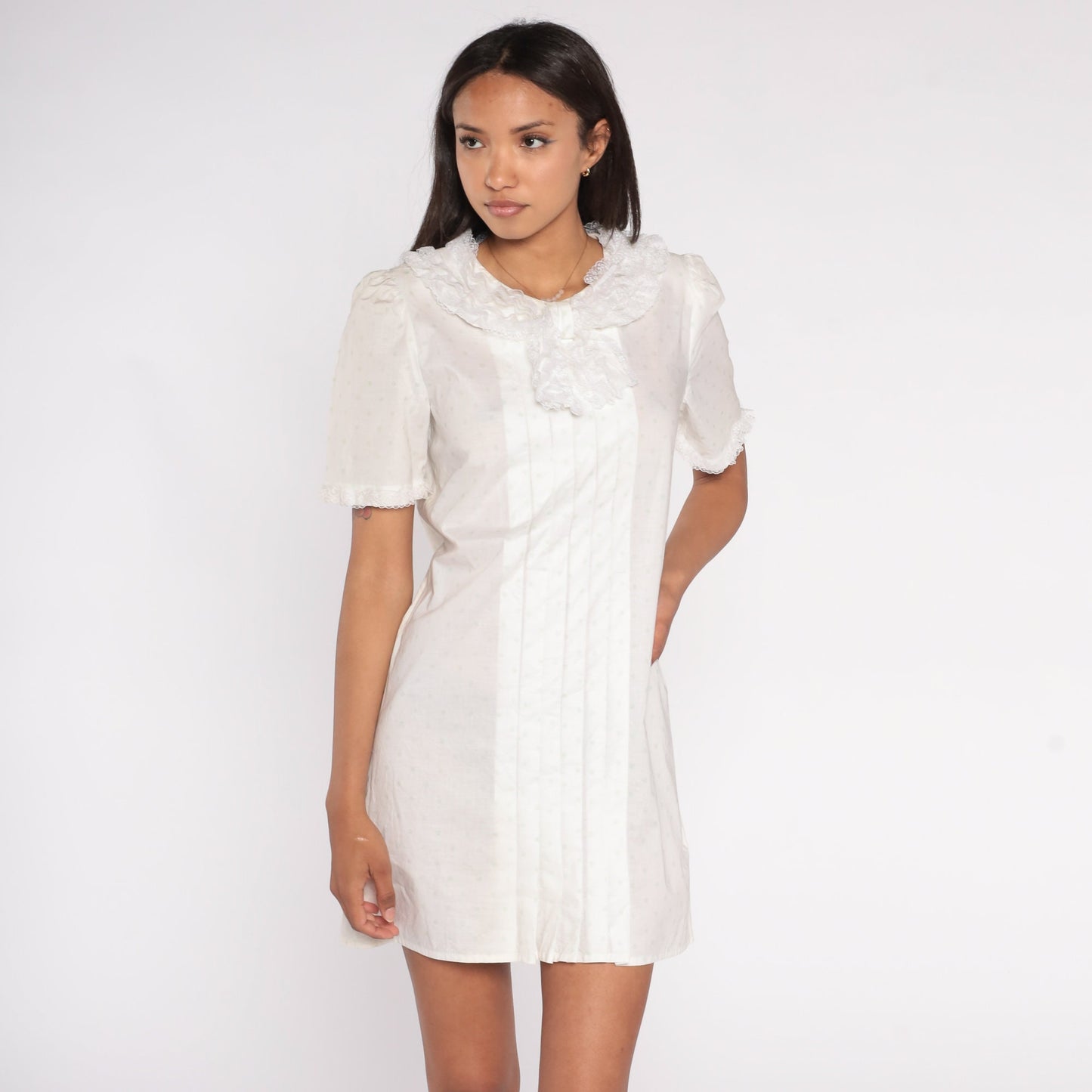 80s White Mini Dress Lace Collar Pleated Dot Print Short Sleeve Small
