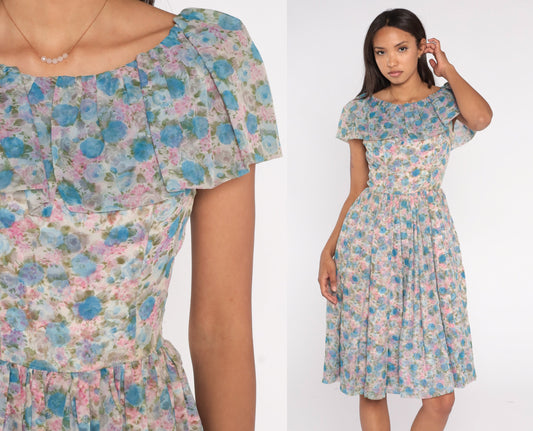 60s Floral Chiffon Midi Dress Ruffle Neckline High Waist Blue Pink Rose Small